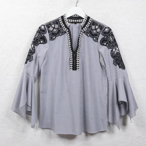 KOBI HALPERIN Skylyn Crochet Trimmed Navy Striped Bell Sleeve Blouse Sz S - Picture 3 of 9